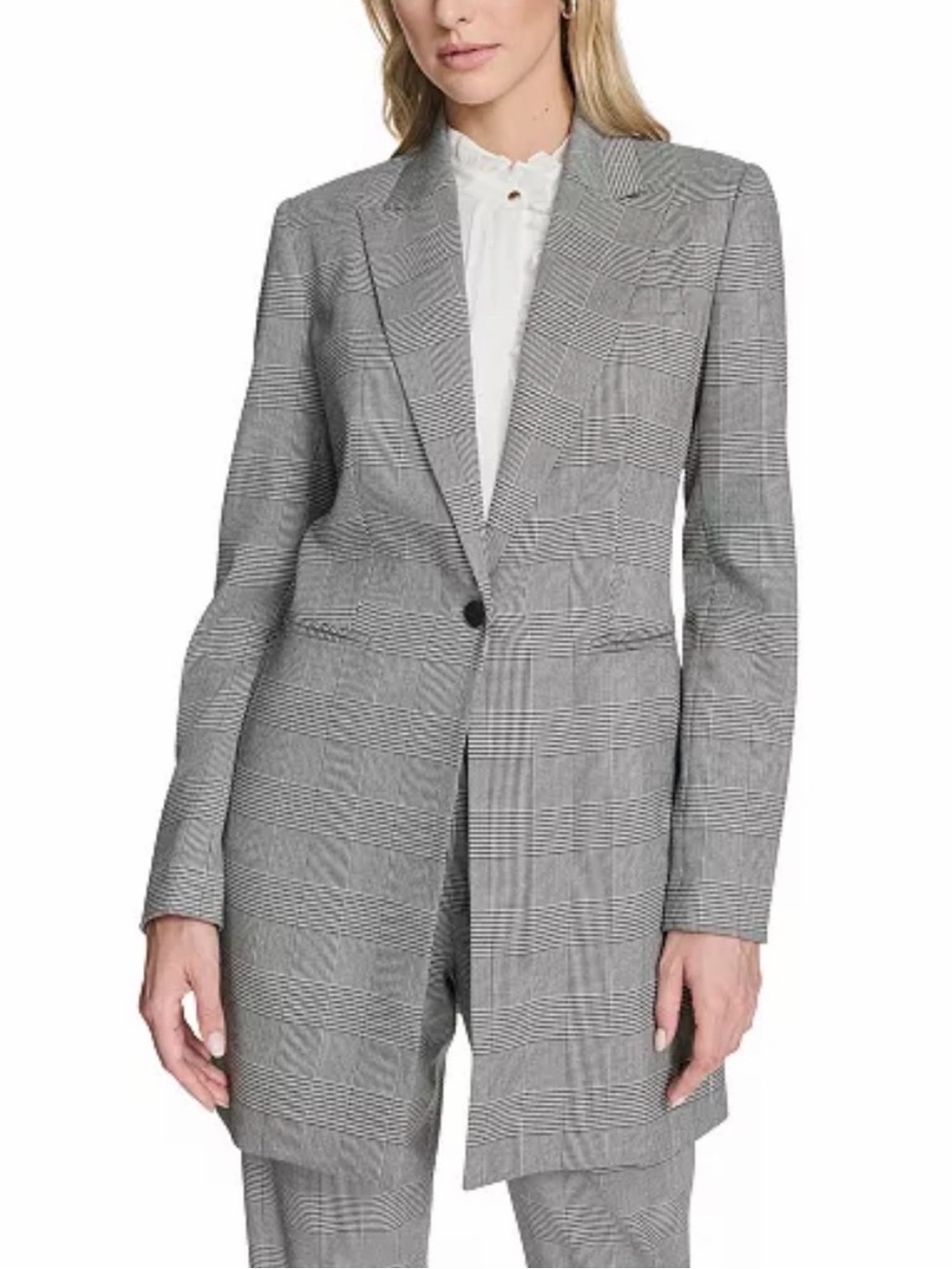Calvin Klein Houndstooth One Button Long Blazer Black